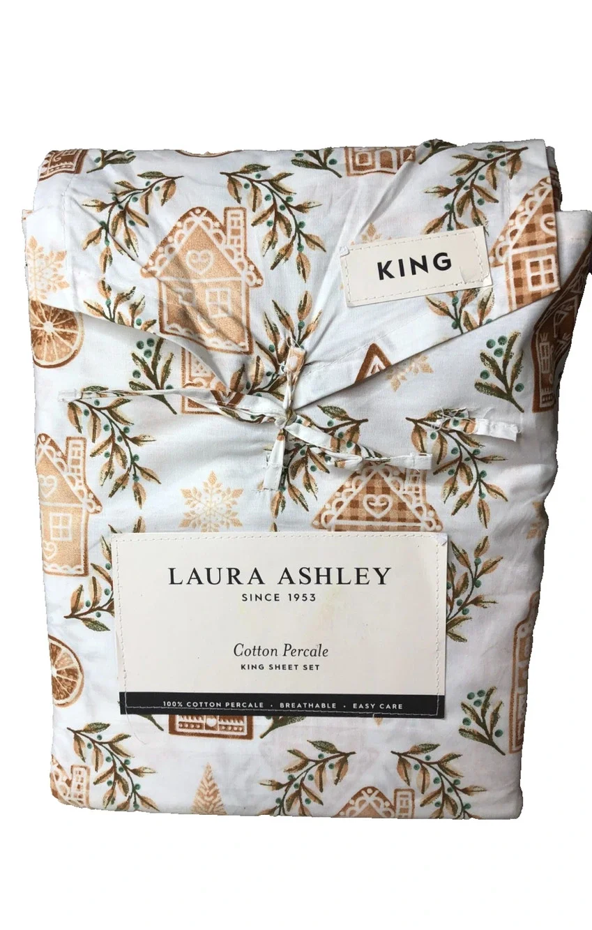 Laura Ashley King Sheet Set Cotton Percale Gingerbread Holiday Print Breathable